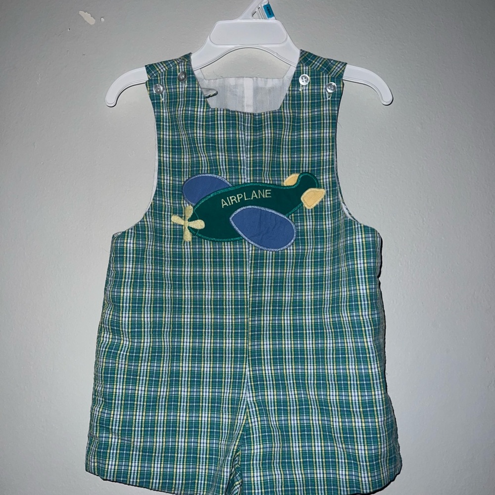 Vintage The Bailey Boys Green Plaid Baby Romper with Airplane Patch